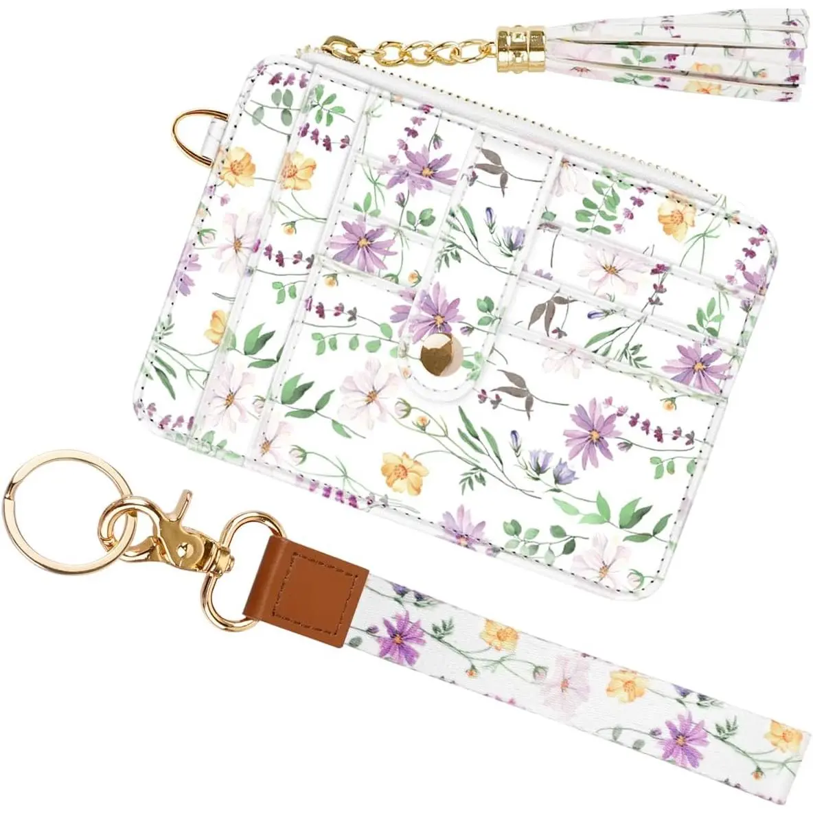 Slim Zipper Credit Card Holder with Keychain Wristlet Small RFID Leather Wallet with ID Window for Women,White