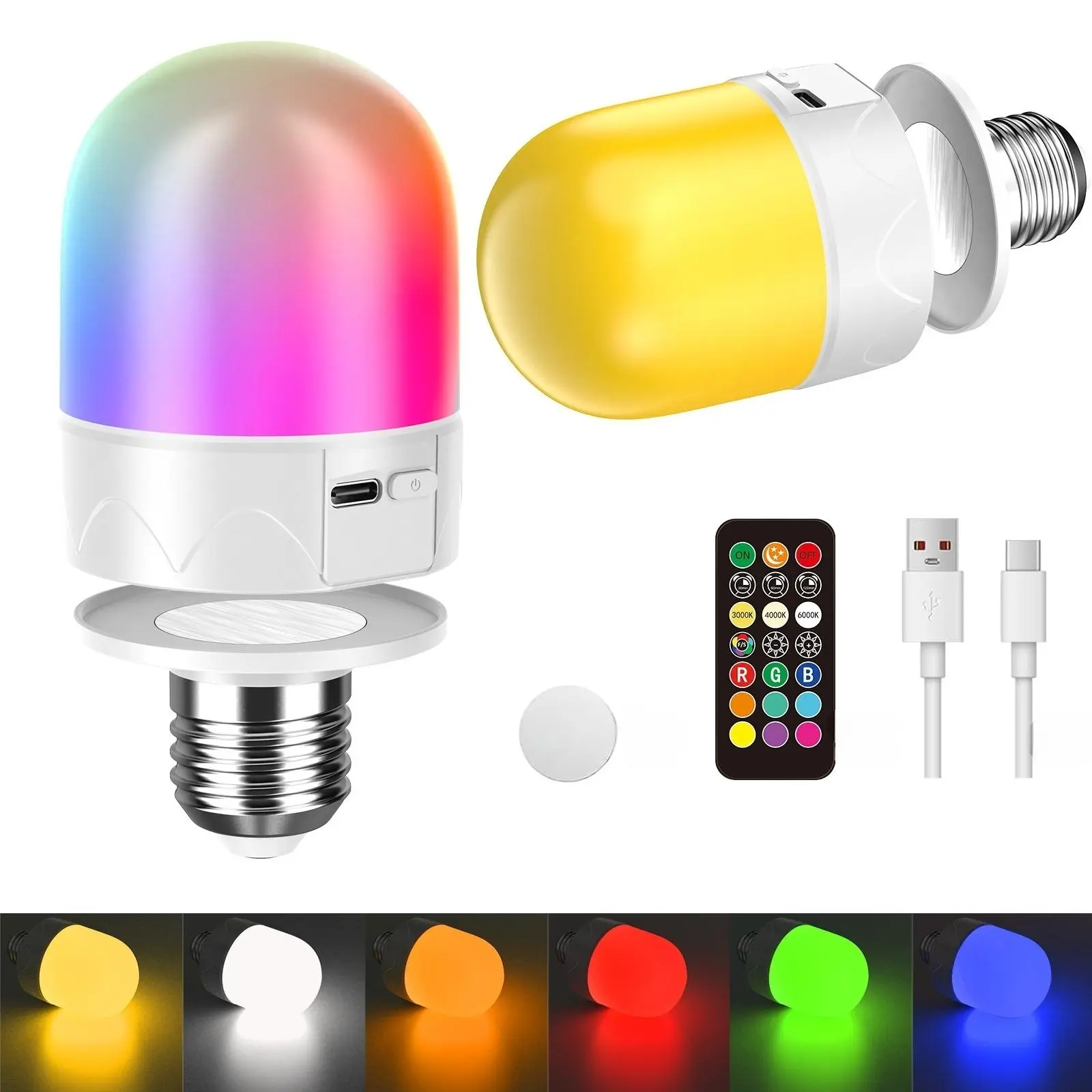 USB Rechargeable LED Lighting Bulbs for Non-Hardwired Fixtures - 3 Colors, 9 RGB Modes, Remote Dimmable, Timer, Detachable Magnetic Battery Backup for Power Outages, Camping
