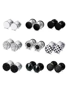 9 Pairs Personalized Stainless Steel Stud Earrings, Fashionable Fake Gauge Hoop Earrings for Men & Women, Casual All Seasons Jewelry