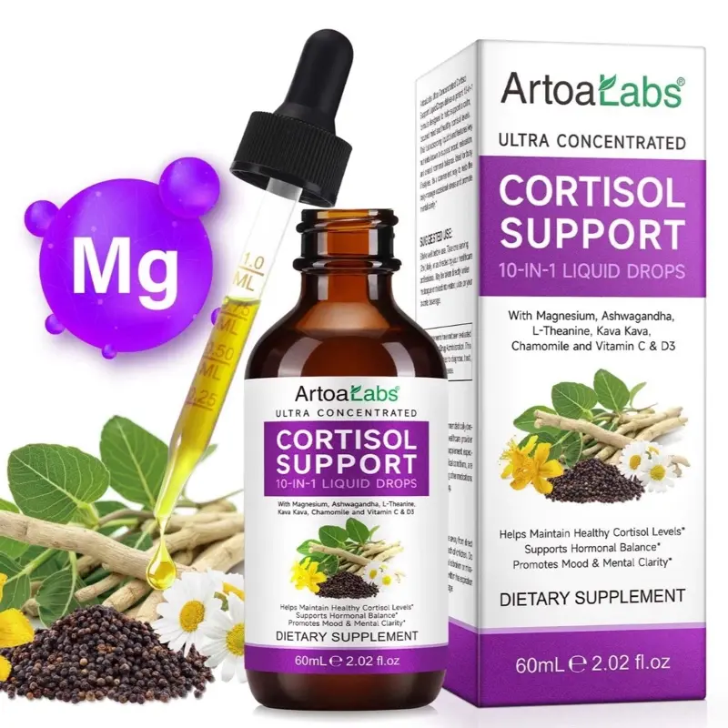 10 in 1 Cortisol Supplements for Women & Men, Hormone Balance with Ashwagandha, L-Theanine, Magnesium, Cortisol Reducer Drops - Sleep & Mood Support, 2 Fl Oz, Blueberry Flavor