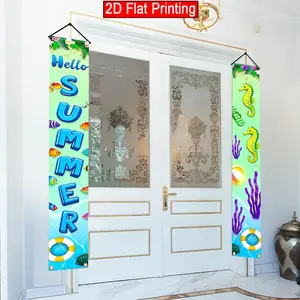 2D Flat 2Pcs Polyester Summer Ocean Theme Porch Couplets, "Hello Summer" with Seahorse & Tropical Fish Design, Perfect for Indoor/Outdoor Tropical Party, Beach Themed Event, Birthday Gathering, Photography Backdrop, Window Display, Backyard Decor,