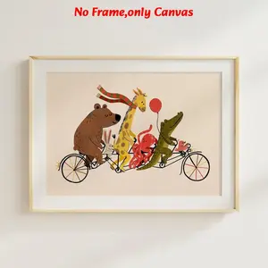 1pc, wall art, animal poster, funny animals riding bicycles on parade art print, giraffe bear crocodile rabbit picture, living room decor, bedroom decor aesthetic, bathroom decor, housewarming gift, unframed
