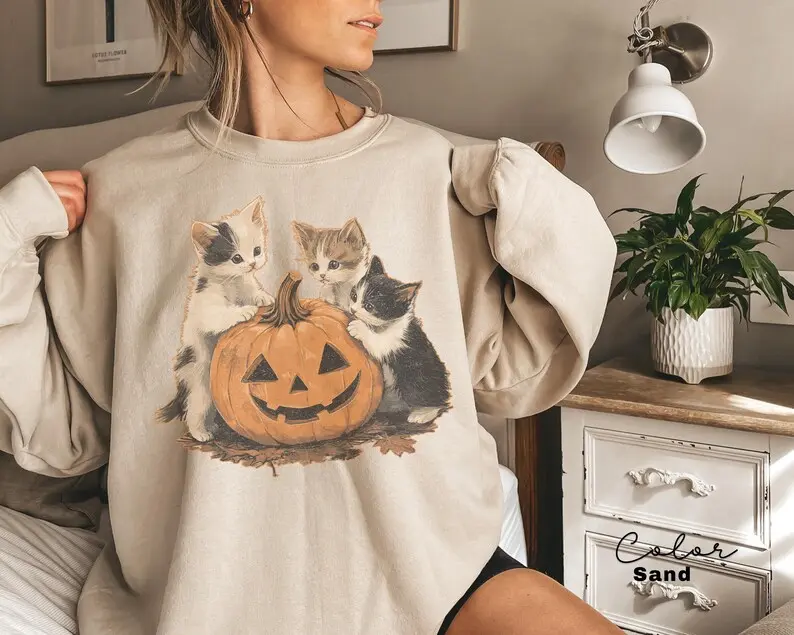Vintage 90s Cat Halloween Sweatshirt, Retro Halloween , Spooky Season Tee, Pumpkin , Cat Lover , Black Cat, Spooky Season Sweatshirt