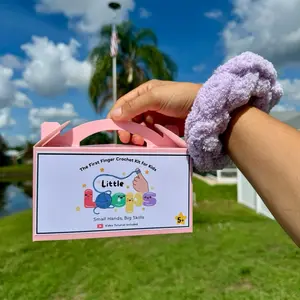 Little Loops Finger Crochet Scrunchie Kit - Pixie Dust Purple and Pink - Soft Plush Yarn, 2 Hair Ties, Kid-safe Scissors, Jumbo Loop Markers, QR Code Guide, Reward Sticker