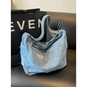 Women's Denim Tote Bag, Casual Large Capacity Shoulder Bag for Daily Used, Trendy All-match Bag for Commuters and Students