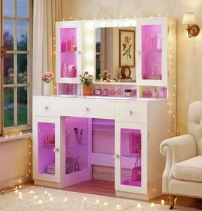 Stylish Makeup Vanity Furniture (43" Glass Top), Apartment Furniture with Built-in Mirror Cabinets, RGB Lights, Power Outlet, 3 Drawers, 3-Color Adjustable Brightness for Bedroom, White