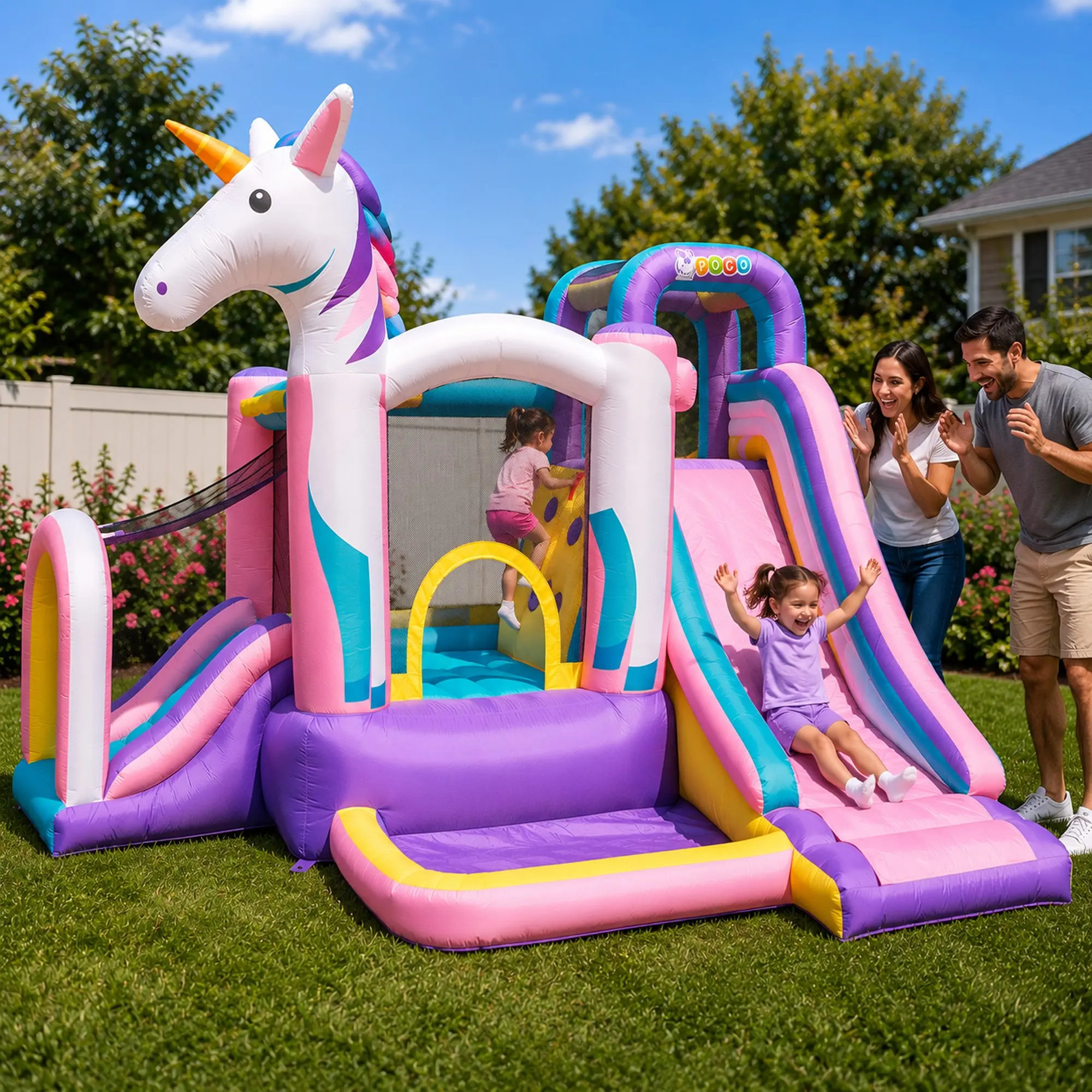 Pogo Bounce House Backyard Kids Inflatable Jump Castle with Slide, Unicorn