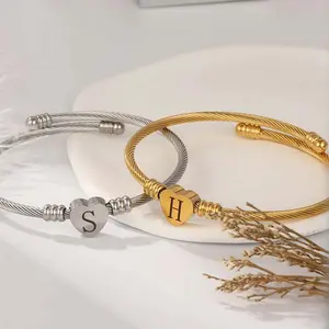 Women's Customizable A-Z Letter Open Cuff Bracelet - Golden, Silver, Rose Golden, Adjustable Peach Heart Accent, Artificial Gemstone Daily Jewelry, Ideal Gift for Expressing Love & Individuality