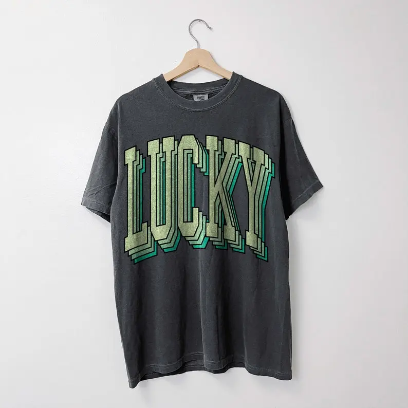 Women's Basic Short-Sleeve Cotton Crewneck Fitted T-Shirt - Vintage Sweet Retro St. Paddy Shamrock Graphical Print, Garment-Dyed Irish Streetwear, All Seasons Casual Top