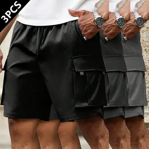 3-pack plus-size men’s breathable cargo pants with multiple pockets; men’s outdoor shorts; summer running shorts for men—casual classic style; summer drawstring fashion shorts; available in multiple colors; suitable for running and summer multi-pocket spo