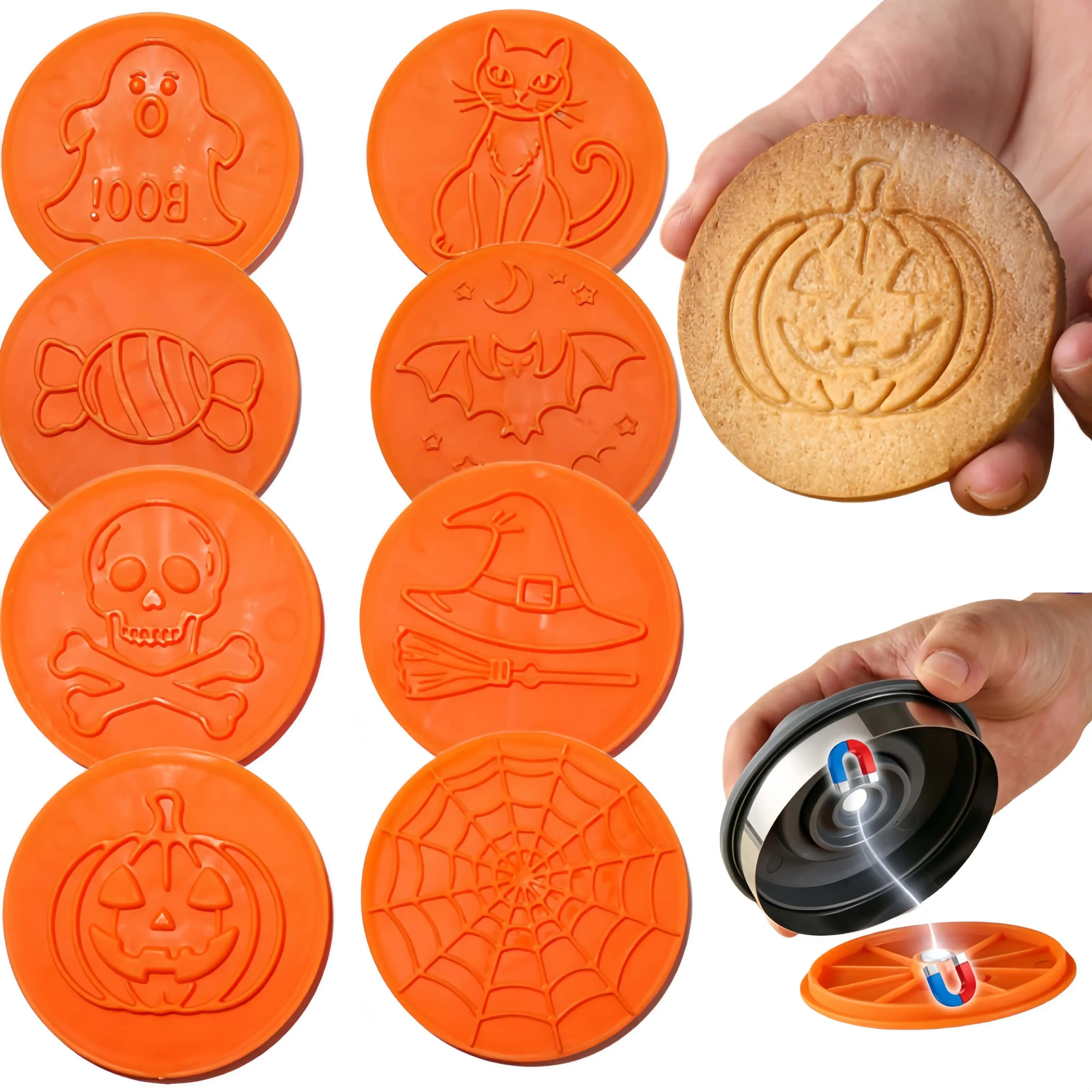 8 PCS Cookie Mold Set Magnetic Baking Molds with Halloween Embossed Patterns Silicone Molds for Cupcake, Dessert, Chocolate, Jewelry, Pastry, Handmade Crafting Multi Purpose Decoration Tool for Home Kitchens and Gatherings-MM