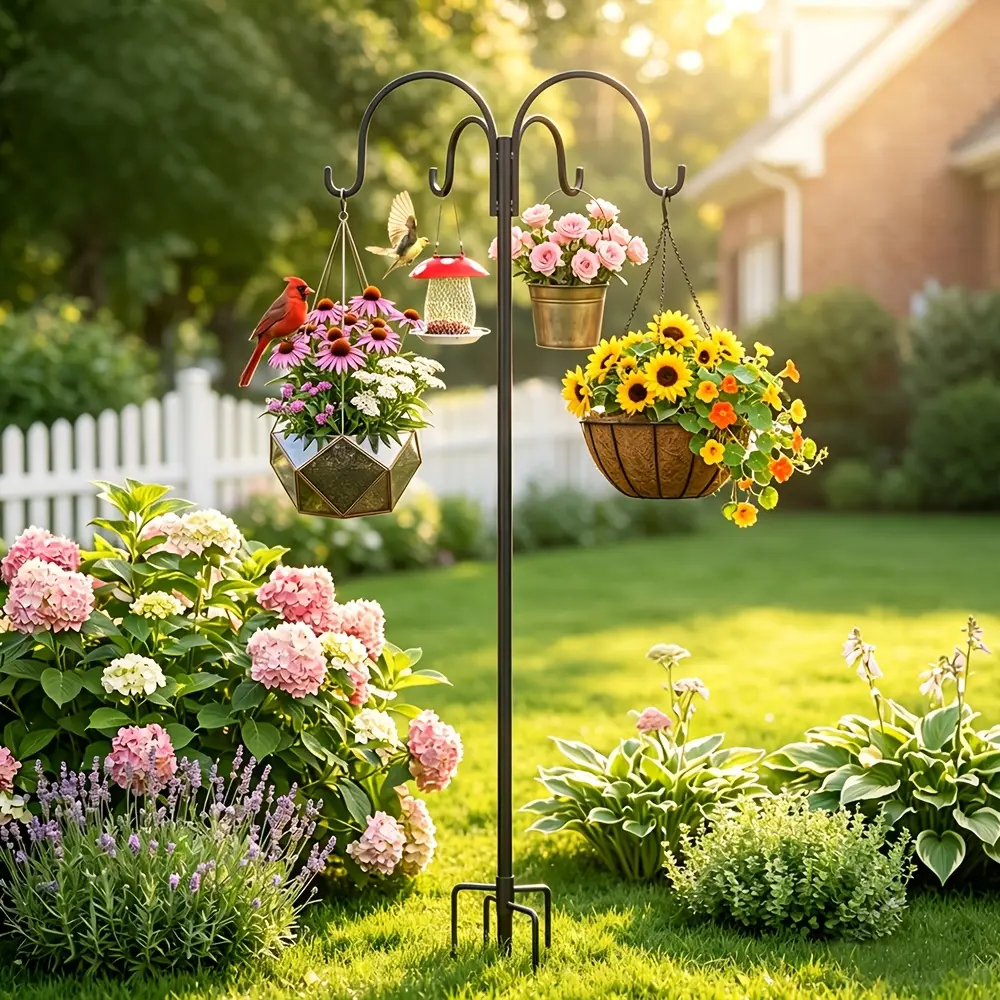 88-in Heavy-Duty Adjustable 4-Hook Shepherd Hook with Anti-Tip Base, Outdoor Garden Post Accessory, Easy Installation, Multi-Item Hold for Bird Feeders, String Lights, Rustproof Iron Outdoors Solution