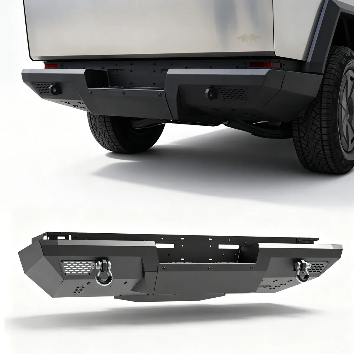 WOLFSTORM Steel Rear Bumper for 2024-2026 Tesla Cybertruck, Custom Fit Full Set with Steel Plates, 3/4”-Thick D-Ring Mounts, Interior Cargo Rack, Micro Textured Panels, Factory Tow Hitch & Trailer Plug Compatible, Retains OEM License Plate Mounts & Lights