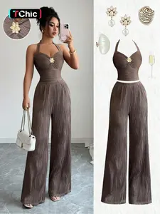 New American Retro Y2K Style Set, Metal Flower Design, Slim Fit Short Halter Top + Straight Leg Pants, Two-Piece for Women