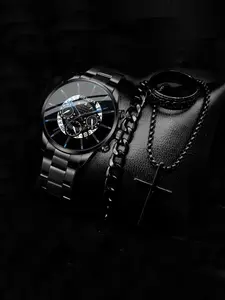 4-piece Calendar Stainless Steel Men's Watch Fashion Business High-end Quartz Watch Accessory Set