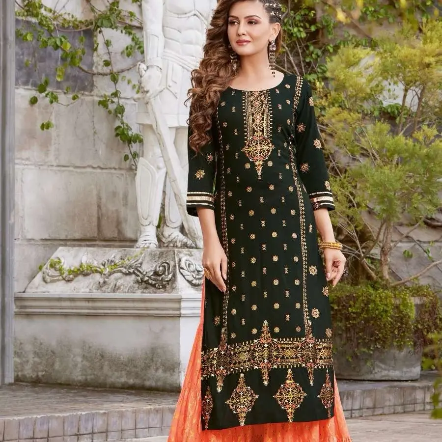Rayon Kurti with Sharara 2pcs Set size 44 with Foil Print and Embroidery Sequence Work kurt has suit