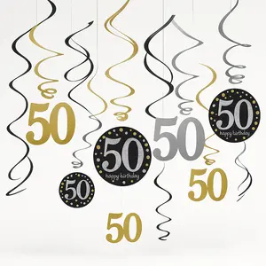 Sparkling Celebration 50th Birthday Swirl Decorations - Gold, Silver, Black (12-Pack)