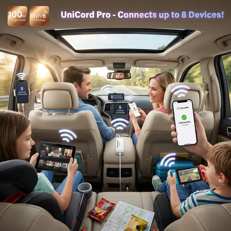 GlocalMe UniCord Pro 5-in-1 Portable WiFi Hotspot - 4G LTE High-Speed Internet, 100W PD Charging (Max 100W PD), No Contract/No SIM, 150Mbps Down, Connect 8 Devices, 10GB US Data, 30x82x12mm, Car WiFi & GPS Tracker, Global Travel Essential