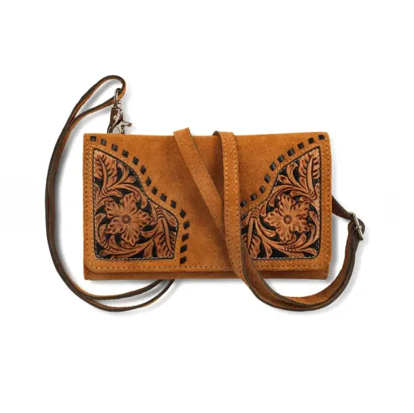 Riana Caramel Suede Tooled Floral Crossbody Clutch Bag