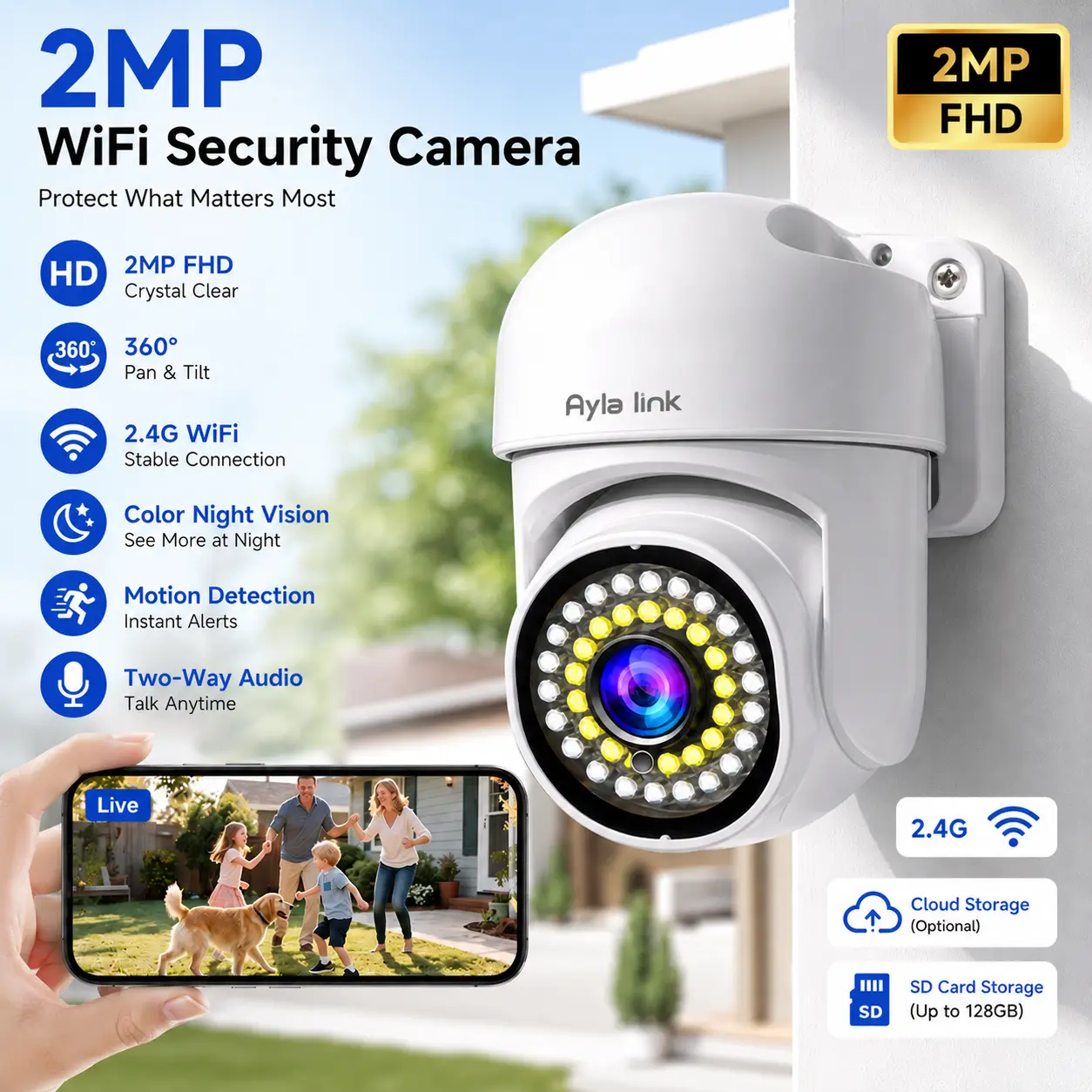 2MP 1080P WiFi Indoor Security Camera, 2.4GHz Wireless Home Camera with Night Vision, Two-Way Audio, Motion Detection & Remote Monitoring