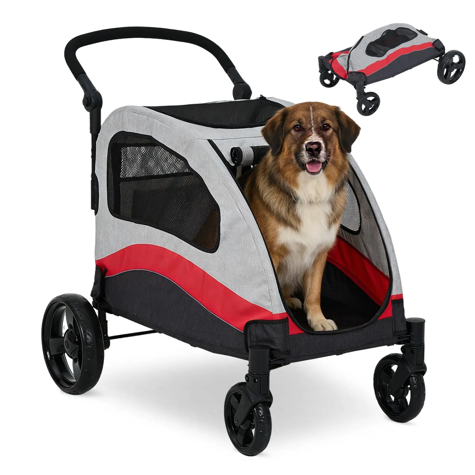 GARVEE Heavy Duty Extra Large Dog Stroller for Big Dogs Up to 88 Lbs - 360° Swivel Wheels, Shock Absorption, Removable Washable Pad, Foldable Design for Travel, Vet, Red