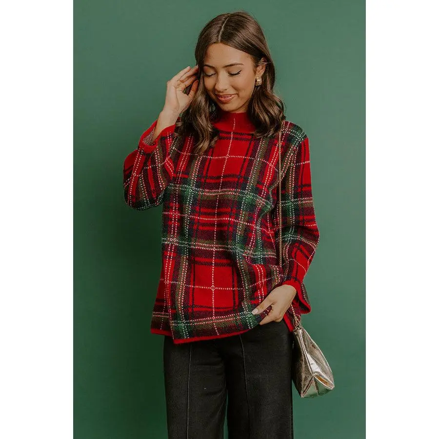 Full Of Cheer Plaid Knit Sweater in Red
