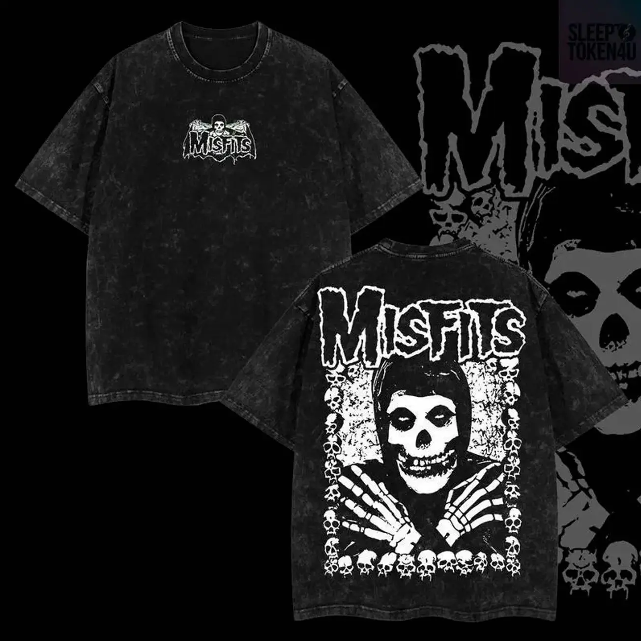 [COLLECTION] Retro Vintage Limited Edition Misfits Skulls Surround Heavy Metal Shirt Unisex Oversize Rock Band Washed Heavyweight Cotton Menswear YIC