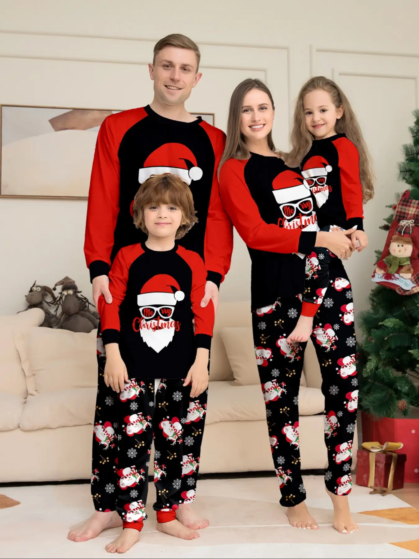 2-Piece Christmas Family Pajama Set, Cartoon Glasses Print, Casual Fitted H-Type, Unisex Holiday Sleepwear for All Ages