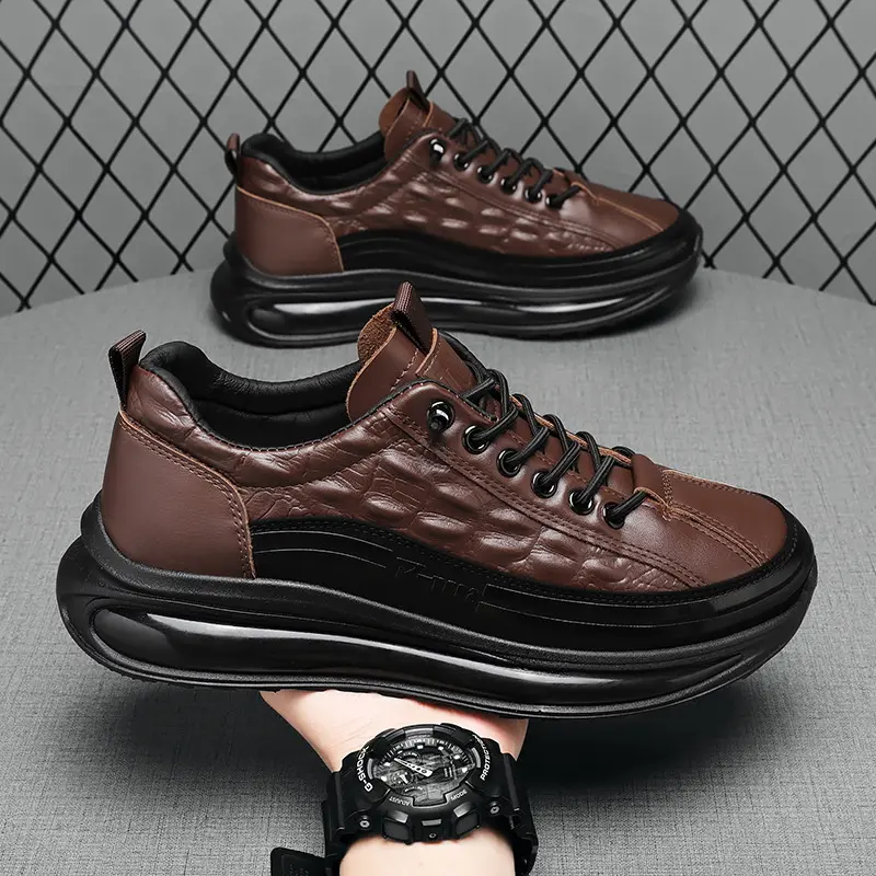 Lightweight Men's Leather Shoes Retro Crocodile Pattern Men's Shoes 2025 New Thick-Soled Men's Casual Trendy Shoes Trendy Men's Shoes Training Trainer