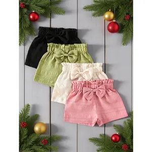 4pcs Girls' Casual Solid Color Polyester Shorts with 3D Bow Detail, Regular Fit Woven/- 95% Polyester, 5% Spandex, Baby Girl, Candy Color, Perfect Outdoor