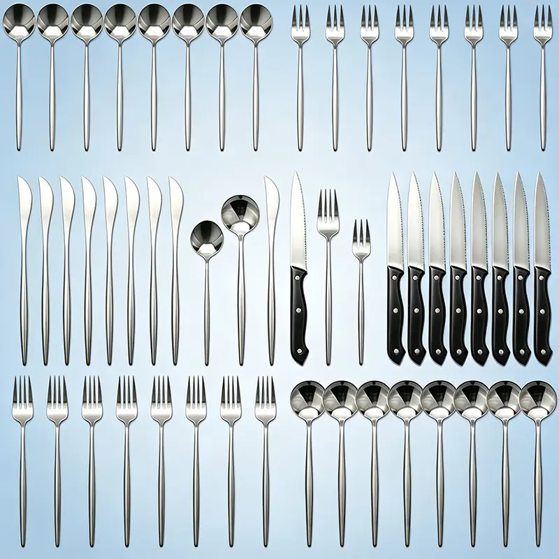 48 piece silver cutlery set (including steak knife), Christmas stainless steel cutlery set, 8-person cutlery set, household kitchen spoon and fork knives, minimalist design with mirror polishing, dishwasher washable