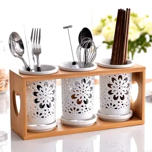1set Ceramic Chopstick Holder, Kitchen Utensil Organizer for Chopsticks, Forks & Spoons, Multi-Hole Drainage Design