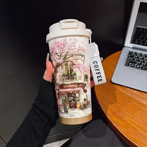 Coffee Tea Iced Drinks Mug~ Vacuum Insulated Tumbler Flasks w/ Lanyard | Watercolor French Cherry Blossom Cafe Pattern Pattern | Double-Wall Leak-Proof  | Hot & Cold Reusable 530ml/17.7oz | Drinkware Gift for Office Sports Outdoor Holiday