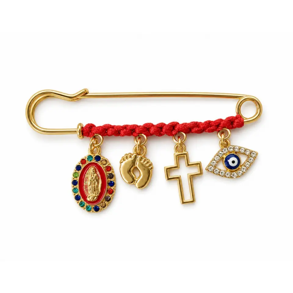 September Laurel  Pregnancy Protection Safety Pin Brooch, Gold Maternity Brooch with Virgin Mary, Baby Feet, Cross & Evil Eye Charms, Red String Blessing Pin for Expecting Moms, Baby Shower Gift