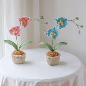 Crochet Flowers in Pot White Orchid Artificial Flowers Knitted Flower Handmade flowers for Home Room Office Car Decoration Dendrobium