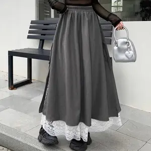 Women's Stretch Waist A-line Long Skirt with Lace Trim Bow Slit Hem Fashion Elegant Evening Party Skirts for Women 2026 New Arrival