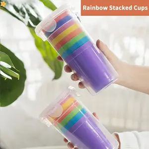 A Set of 9 Bright Plastic Stackable and Reusable Cups with Leak-proof Lids |   Suitable for Parties, Camping and Outdoor Activities