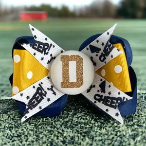 Personalized Glitter Initial Cheer Hair Bow Clip or Ponytail Holder for Girls Cheerleader, Navy Gold
