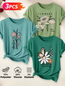 3pcs Women's Crew Neck T-Shirt, Line Art Floral & Butterfly Daisy Print, Multiple Colors Available, Machine Washable, Spring & Summer Top, Soft Skin-Friendly Fabric, Daily Versatile, Fashion Design