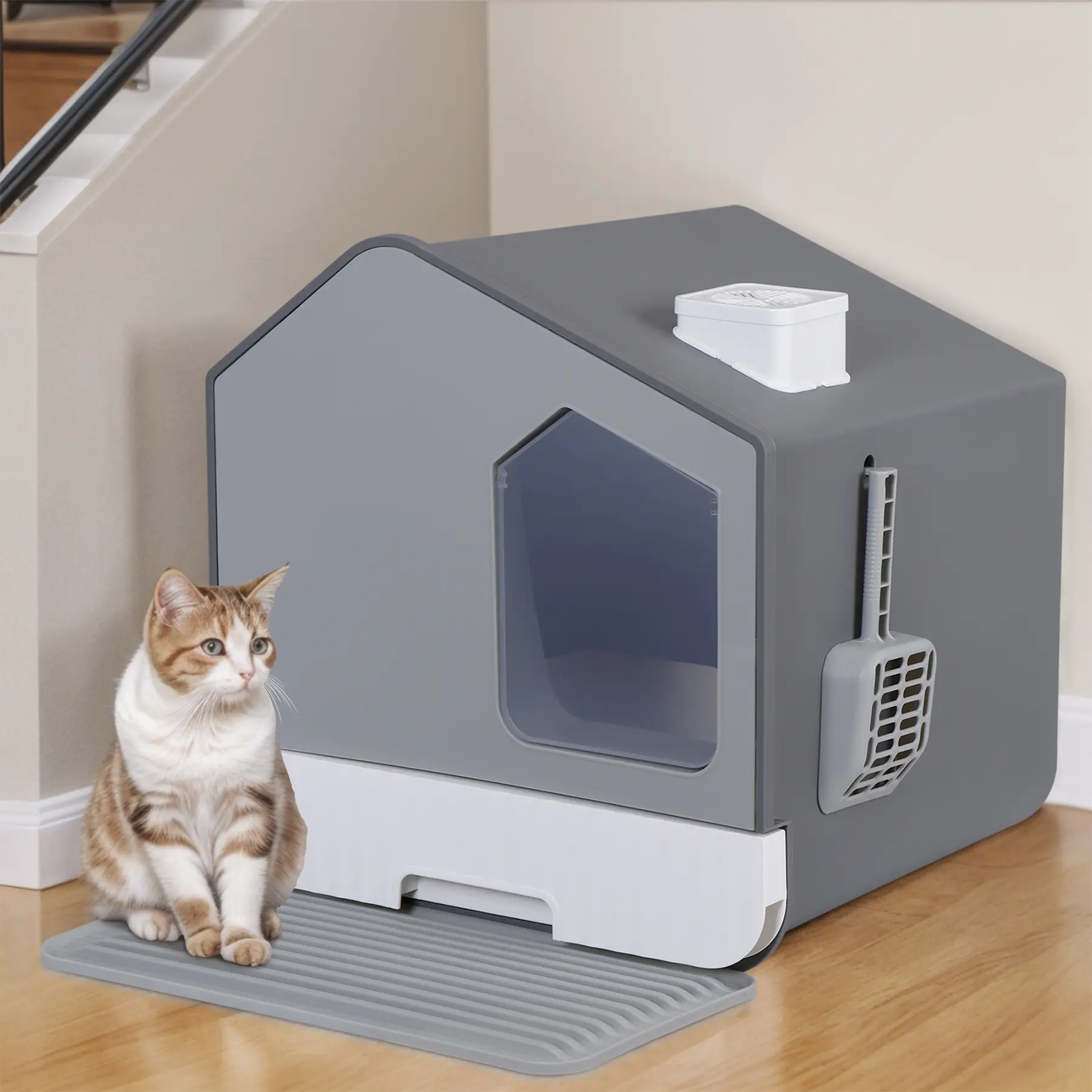 Pet Republic Odor-Free Enclosed Cat Litter Box W/ Litter Scoop & Mat & Tray for Small Cat/Kitten - Privacy and Easy Access