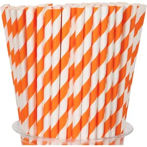 100 Packs Orange Biodegradable Striped Paper Straws, Disposable Drinking Straws for Birthday Carnival Summer Pool Party Wedding Shower Halloween Christmas Party Decoration Supplies