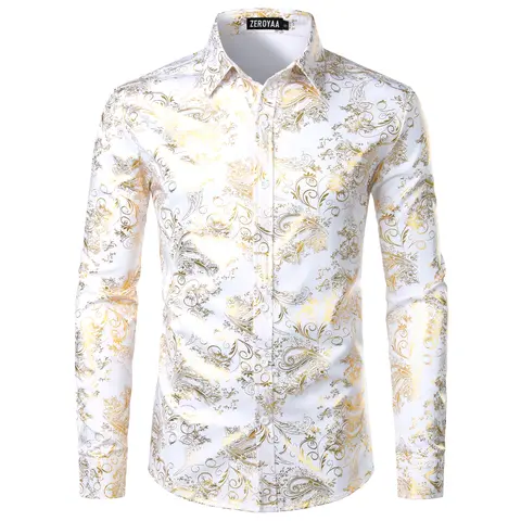ZEROYAA Men's Luxury Paisley Shiny Floral Printed Long Sleeve V-Neck Button-Down Dress Shirt Top - Premium Fabric, Ideal for Party, Concert - Father's Day Gift for Dad