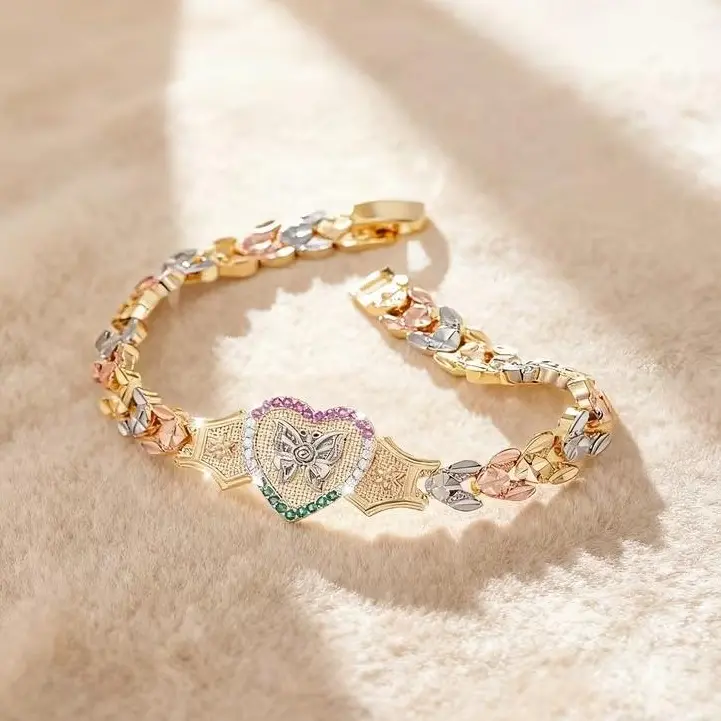 14K Gold Plated Butterfly Heart Pendant Bracelet Two-Tone Rose Gold Silver CZ Cuban Link Trendy Statement Jewelry for Women Ideal for Party Vacation & Anniversary Gift