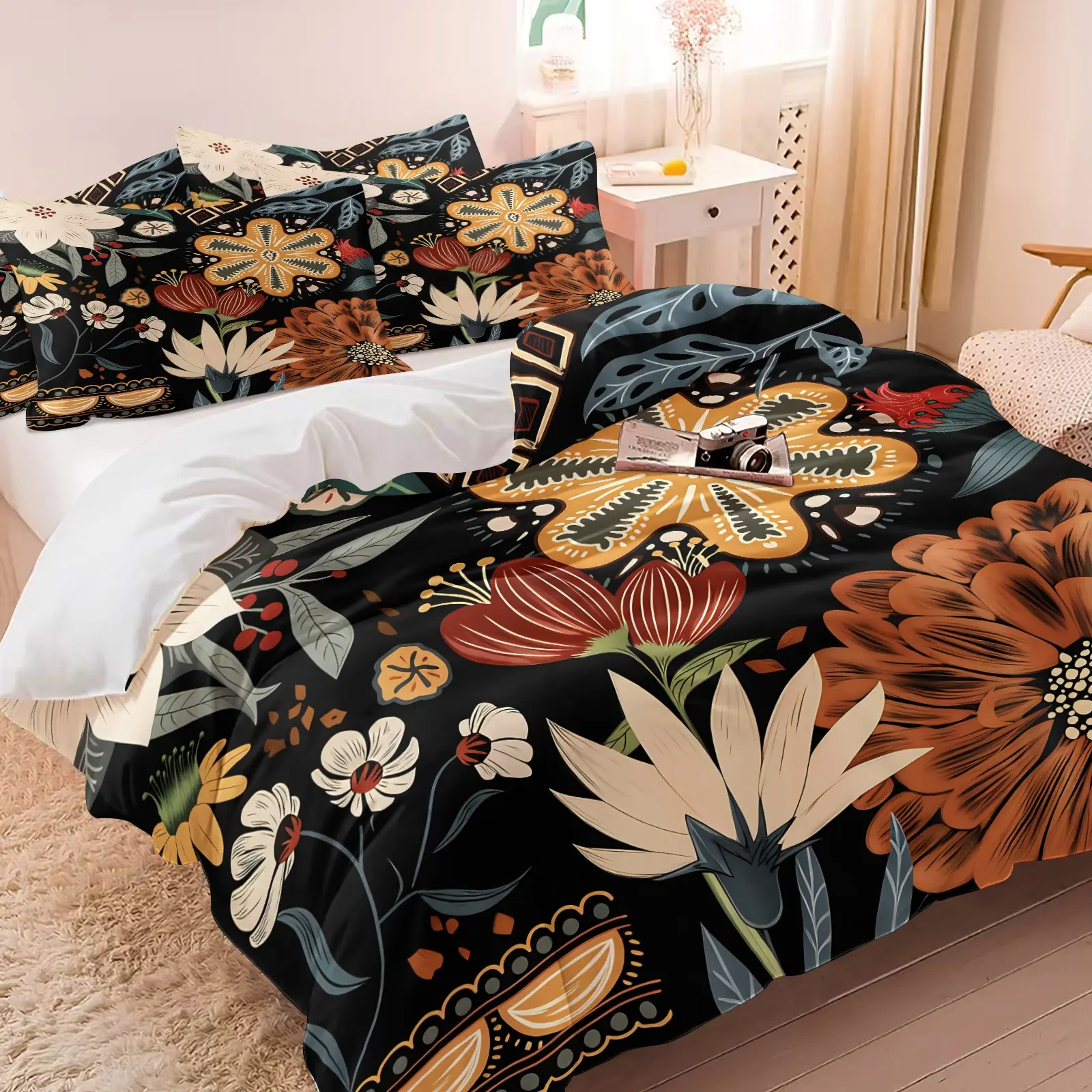 Scandinavian Duvet Cover Set, 1 Duvet Cover and 1-2 Coreless Pillowcases, Hand-Painted Floral and Geometric Patterns, Decorative Trim Design, Soft and Comfortable, Nordic Folk Style Bedroom Decor, Gift Choice