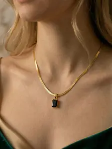 Emerald Cut CZ Snake Chain Necklace – 18K Gold Herringbone Necklace – Minimalist Rectangle Pendant – Dainty Gold Jewelry