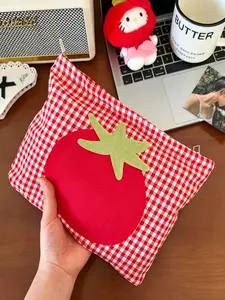 Red White Gingham Plaid Cosmetic Bag with Tomato Applique, Canvas Large Capacity Makeup Pouch, Cute Aesthetic Travel Toiletry Organizer for Women & Girls