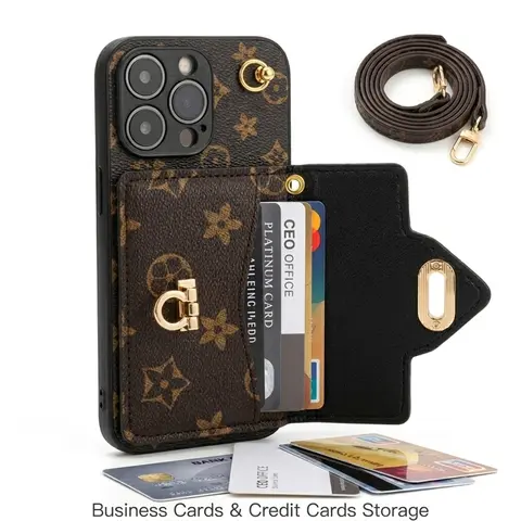 Luxury Phone Case with Strap for iPhone 16 Pro Max, Card Pouch for Credit Cards, & Premium Protective Cellphone Cover Accessory