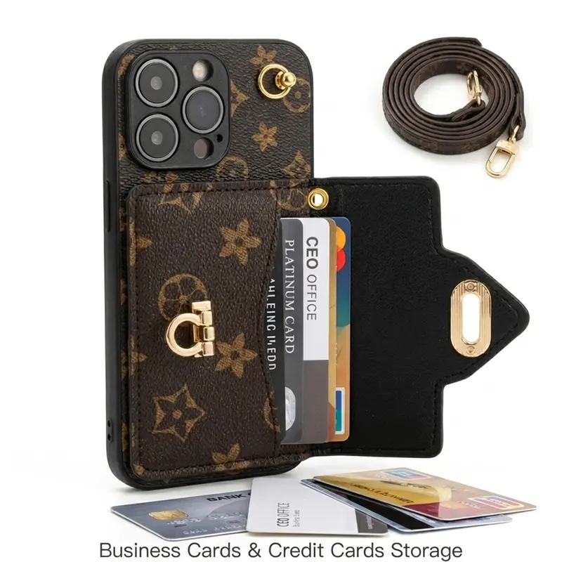 Luxury Phone Case with Strap for iPhone 16 Pro Max, Card Pouch for Credit Cards, & Premium Protective Cellphone Cover Accessory