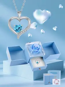 Heart Pendant Necklace With Rose Jewelry Gift Box, I love U Heart Shape Necklace, Anniversary Christmas Birthday Gifts for Women Her Wife Girlfriend Mom