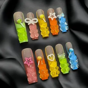 [3D MACARON BEAR Y2K]Diamonds Sparkle Gold-Plated Double-Layer Embossed Cat-Eye Gradient Advanced Handmade Press-on Nails Nail Art Sassy Stunning Elegant Luxurious Iridescent Glitter Butterfly fake nails nail stickers nail charms